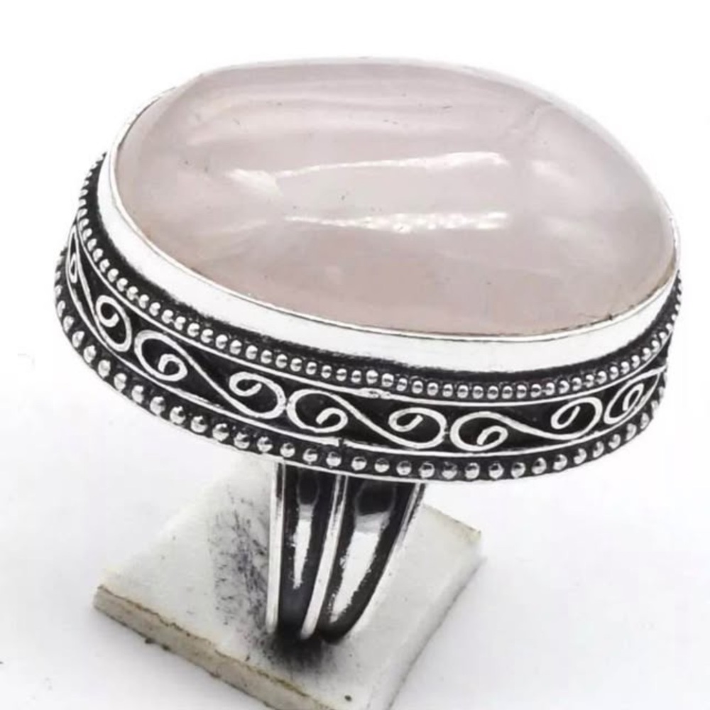New Handmade Rose Quartz Gemstone Ring On Sterling Silver Sz 6.5/7